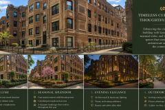 Before-and-after landscape design concept board for a historic Chicago apartment building, featuring the existing brick building above and four professionally designed landscape concepts below. The concepts showcase layered foundation plantings, colorful seasonal flower beds, flowering trees, architectural lighting, and inviting courtyard seating areas that enhance the property's classic architecture and create beautiful, welcoming outdoor spaces for residents year-round.