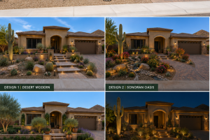 Before-and-after landscape design board for an Arizona desert home featuring the original front yard and four professionally designed concepts. The concepts showcase modern desert hardscaping, drought-tolerant native plants, decorative boulders, paver walkways, landscape lighting, and Sonoran-inspired gardens, with a Honeysuckle & Ivy Landscape Design branding panel highlighting sustainable, low-water landscape solutions.