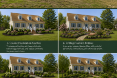 Before-and-after landscape design presentation for a 10-year-old Cape Cod-style home featuring a large, previously unlandscaped front yard. The top image shows the existing property, while four professionally designed landscape concepts below illustrate a classic foundation garden, colorful cottage garden, modern farmhouse landscape, and natural woodland garden, each with layered plantings, shrubs, trees, and defined garden beds. A branded Honeysuckle & Ivy Landscape Design footer highlights the custom residential landscape concepts.