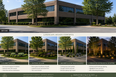 Before-and-after commercial office landscape design board featuring an existing two-story office building above four professional landscape concepts: classic foundation plantings, lush native gardens, modern low-maintenance xeriscaping, and enhanced architectural lighting. The comparison highlights improvements in curb appeal, sustainability, and welcoming entrance design by Honeysuckle & Ivy Landscape Design.