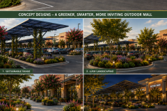 Before-and-after landscape design concept for an outdoor shopping mall featuring a transformed parking lot with solar panel shade canopies, lush native landscaping, colorful flower beds, mature shade trees, decorative lighting, inviting pedestrian walkways, and enhanced gathering spaces that create a greener, more sustainable, and welcoming retail environment.