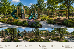 Before-and-after comparison of a neighborhood park playground renovation. The top image shows an aging play structure with worn slides and sparse landscaping, while the bottom image features a modern wooden playground with slides, climbing elements, accessible walkways, vibrant flower beds, ornamental grasses, shade trees, and welcoming community gathering spaces designed for children and families.