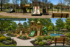 Before-and-after comparison of a neighborhood park playground transformation. The top image shows an aging playground with worn equipment and sparse landscaping. The bottom image presents a landscape design concept featuring a modern wooden play structure with slides and climbing elements, colorful flower beds, native plantings, accessible curved walkways, shade trees, benches, and a beautifully landscaped community gathering space. A footer highlights the design goals: Beautiful, Sustainable, Fun for All, and Community.