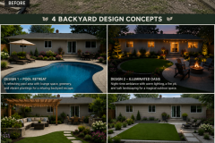 Before-and-after landscape design concept board showing the rear of a single-story ranch home. The top image features a sparse backyard with a concrete patio and patchy lawn. Below are four professionally rendered landscape concepts: a resort-style pool retreat, an illuminated evening garden with a fire pit, a cozy pergola entertainment patio, and a modern low-maintenance backyard with clean lines and lush plantings. The bottom section highlights key design features including functional outdoor living spaces, colorful landscaping, landscape lighting, and sustainable design elements.