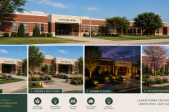 Before-and-after landscape design concept for a brick middle school campus featuring four professionally designed entrance transformations with colorful flower beds, ornamental trees, structured planting beds, decorative hardscaping, landscape lighting, and welcoming outdoor gathering spaces that enhance curb appeal, sustainability, and year-round beauty.