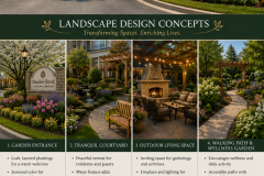 Before-and-after landscape design concept board for Meadow Brook Senior Living Community featuring the existing entrance above and four proposed enhancements below, including a colorful garden entrance, tranquil courtyard with water feature, outdoor living area with pergola and fireplace, and an accessible wellness walking garden with lush plantings, seating, and year-round landscaping.