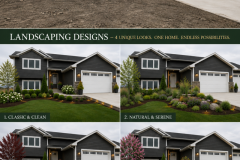 Before-and-after landscape design showcase for a modern split-level home featuring four professionally designed front yard concepts: Classic & Clean with manicured shrubs and lawn, Natural & Serene with ornamental grasses and native plantings, Modern & Bold with architectural plants and clean lines, and Colorful & Inviting with flowering trees, vibrant perennials, and layered garden beds. The image demonstrates how different landscape styles can dramatically enhance curb appeal and transform a newly constructed home.